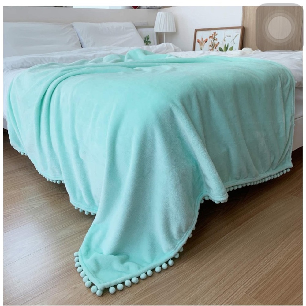 Vibrant Mint Green Pompom Fringe Chic Cozy Soft Throw Blanket/Cover - Picture 5 of 16